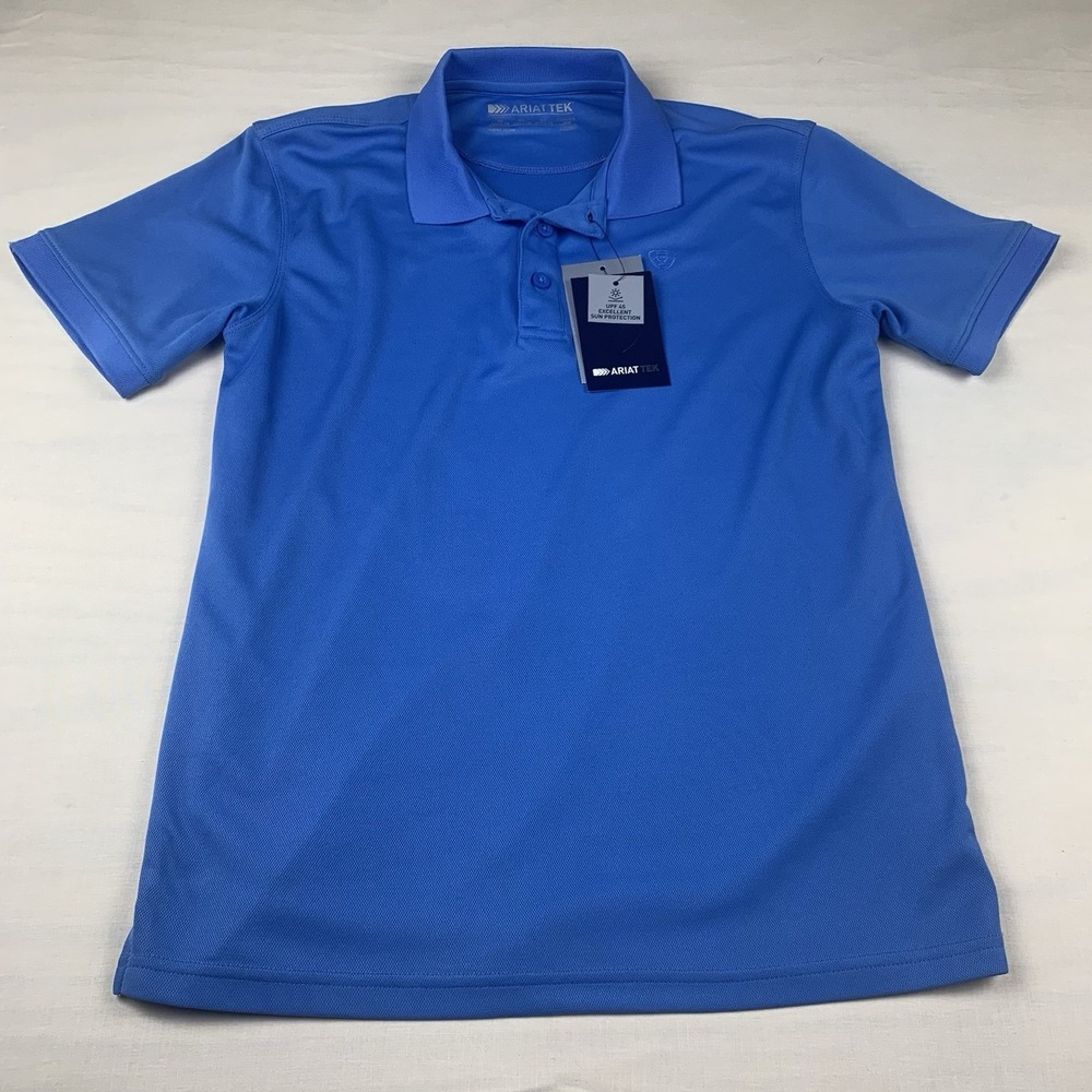 Ariat TEK Boys L 14-16 Polo Shirt Blue Seascape UPF Performance NEW 10048875